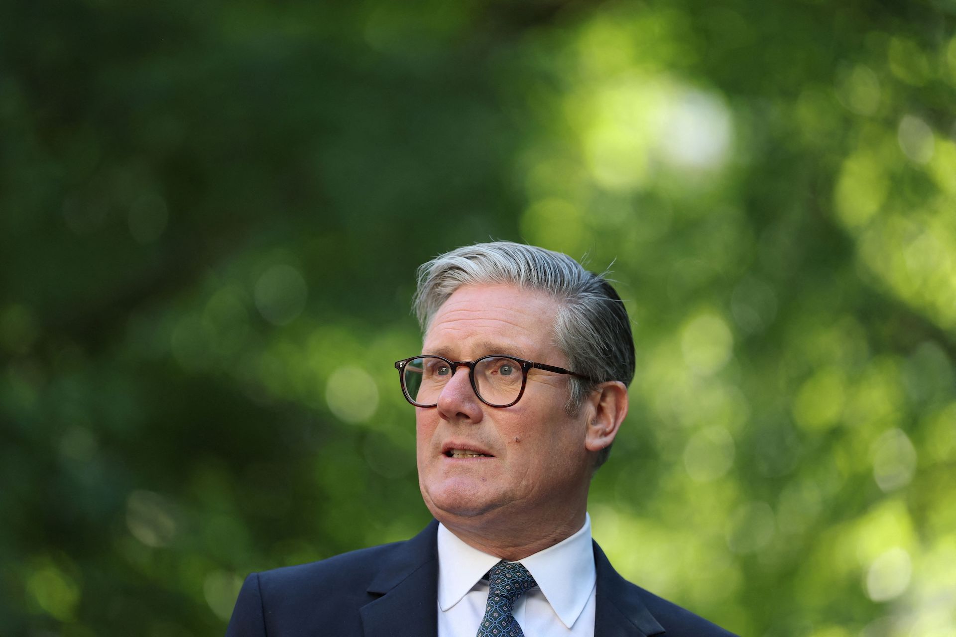 Britain's Prime Minister Keir Starmer delivers a speech during a reception in Downing Street, central London on May 19, 2025 following the UK-EU Summit earlier in the day. (AFP)