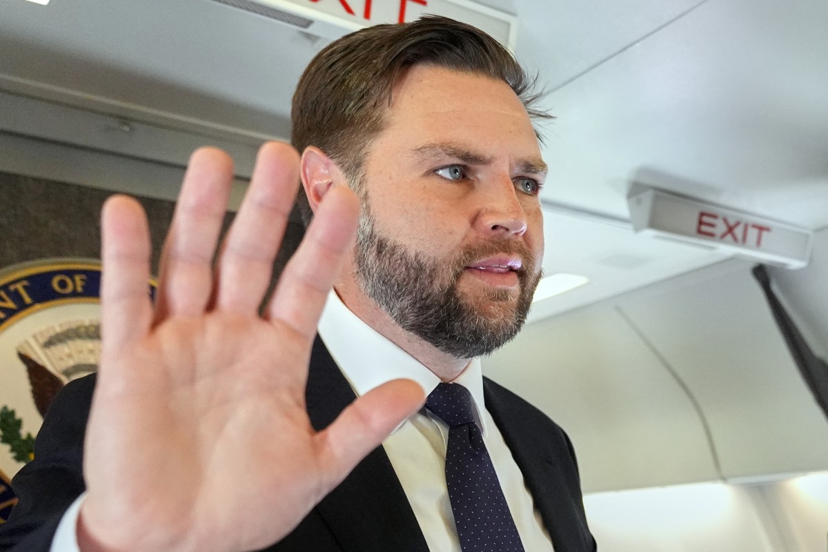 Vice President JD Vance talks to reporters on board of the Air Force Two at Leonardo da Vinci International Airport, in Rome, on May 19, 2025. (File/AFP)
