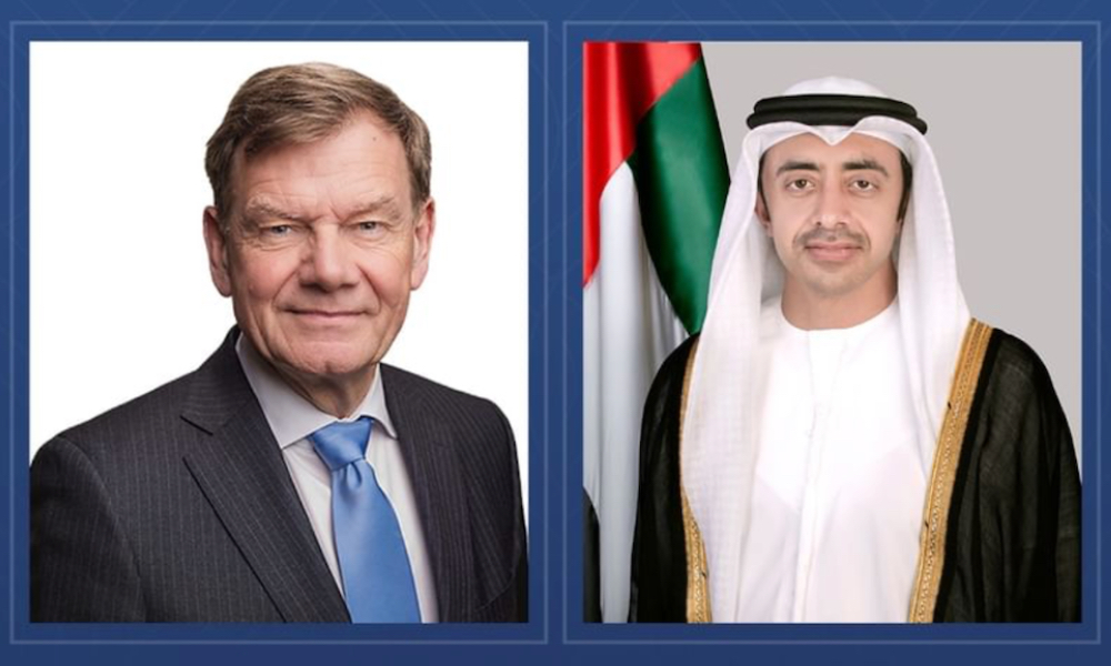 UAE Minister of Foreign Affairs Sheikh Abdullah bin Zayed Al-Nahyan and his German counterpart, Johann Wadephul. (Screengrab/WAM)