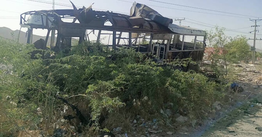 Above, the school bus targeted in a suicide blast in Pakistan’s southwestern Khuzdar district on May 21, 2025. (Jawad Yousafzai)