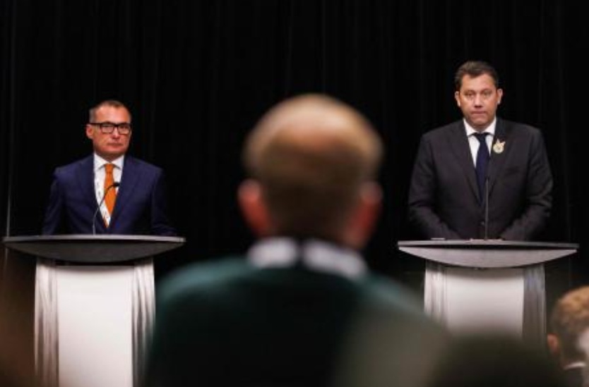 Joachim Nagel (L), President of the Deutsche Bundesbank and Lars Klingbeil, Federal Minister of Finance and Vice Chancellor of Germany listen to a reporters question at a press briefing during the G7 Finance Ministers and Central Bank Governors’ Meeting in Canada on May 22, 2025. (AFP)