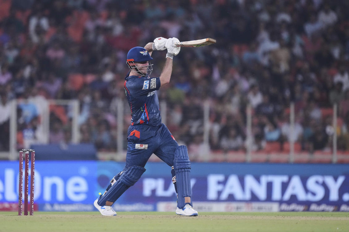 Lucknow Super Giants’ Mitchell Marsh plays a shot during the IPL match against Gujarat Titans at Narendra Modi Stadium in Ahmedabad, India, Thursday, May 22, 2025. (AP Photo)