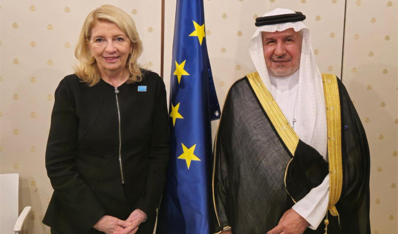 The meeting, which included Saudi EU Ambassador Haifa Al-Jedea, focused on joint humanitarian and relief initiatives. (SPA)