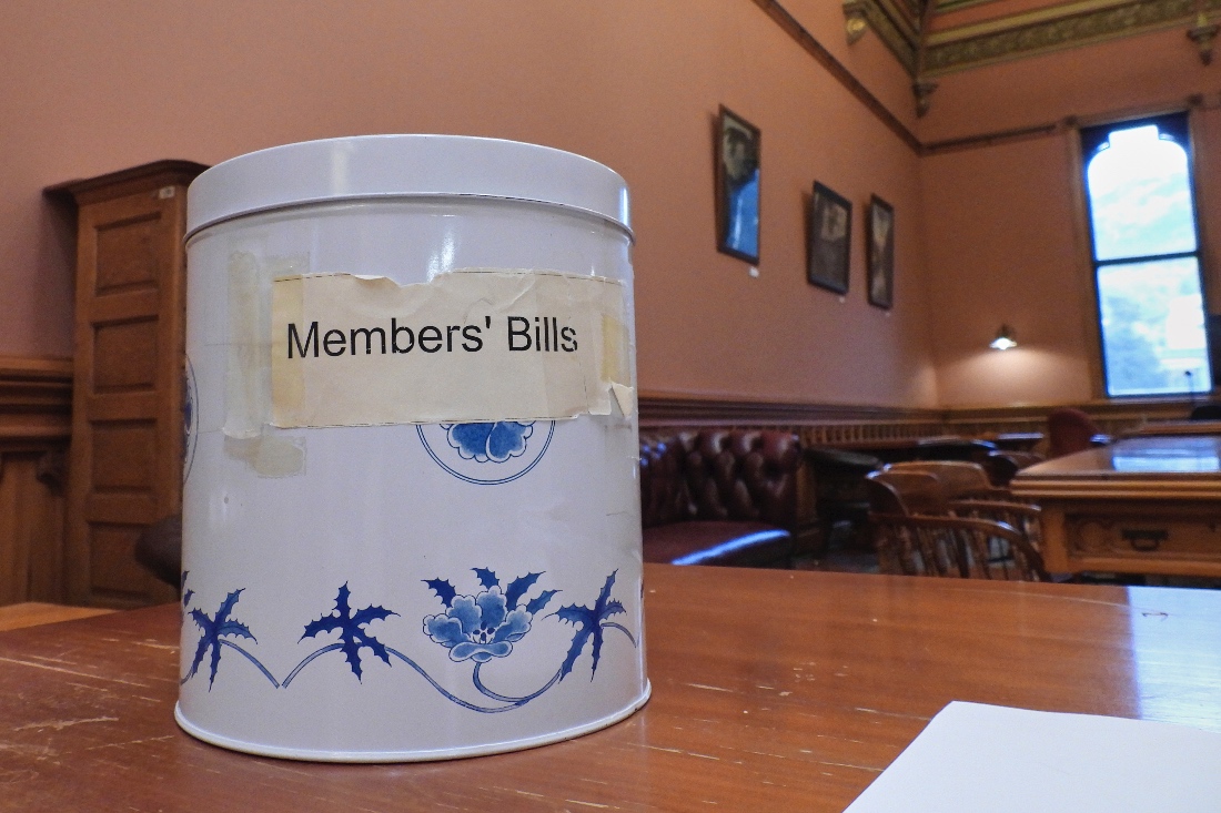 The New Zealand biscuit tin used to draw lawmakers' bills at the Parliament in Wellington, New Zealand. (AP)