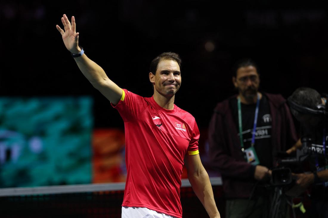 Spain's Rafael Nadal waves during a tribute to his career at the end of the quarter-final doubles match between Netherlands and Spain during the Davis Cup Finals. (File/AFP)