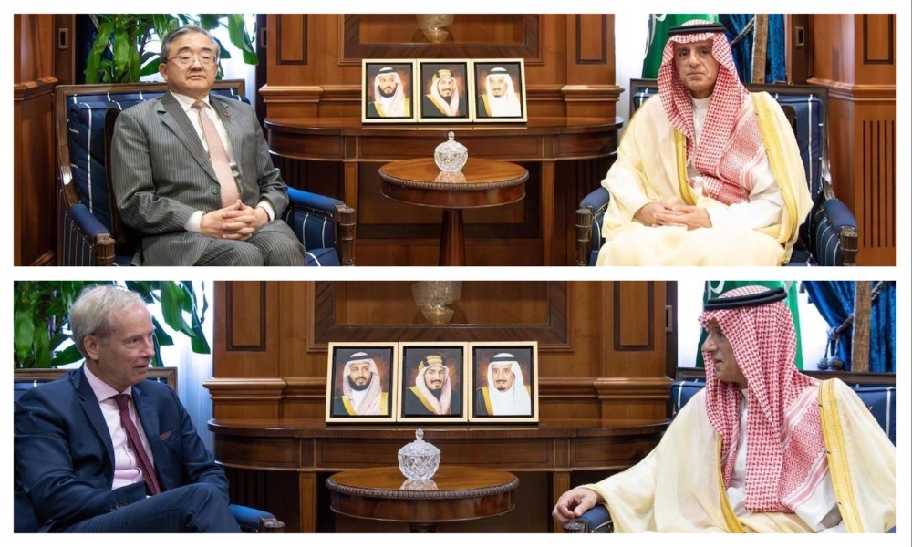 Saudi Climate Envoy Adel Al-Jubeir receives, separately, China’s Special Envoy for Climate Change Liu Zhenmin and deputy secretary-general for political affairs at the European External Action Service, Olof Skoog, in Riyadh on Sunday. (SPA)
