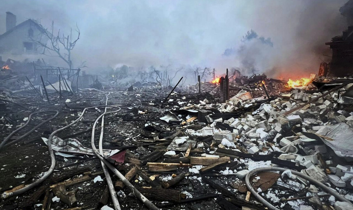 In this photo provided by the Ukrainian Emergency Service, private houses are seen ruined after a Russian drone attack in Kyiv region, Ukraine, Sunday, May 25, 2025. (AP)