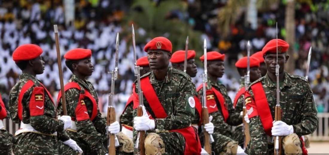 Uganda Military Police presenting a creative drill at the Chief of Defense Forces Inter Force Drill Competition in Kampala, Uganda. (AFP)