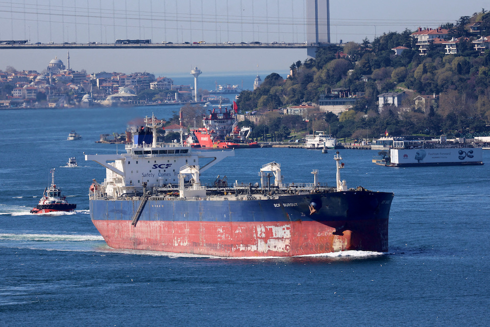 Crude oil tanker SCF Surgut, owned by Russia’s leading tanker group Sovcomflot, transits the Bosphorus in Istanbul, Turkiye. File/Reuters