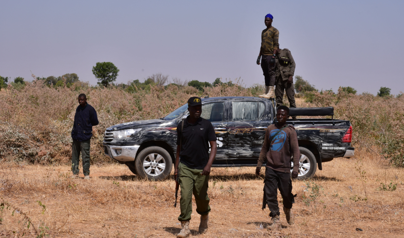 Nigerian security forces are seen on the site of a sabotage attack allegedly perpetrated by Boko Haram against electical infrastructures on the outskirts of Maiduguri on February 12, 2021. (AFP/File)