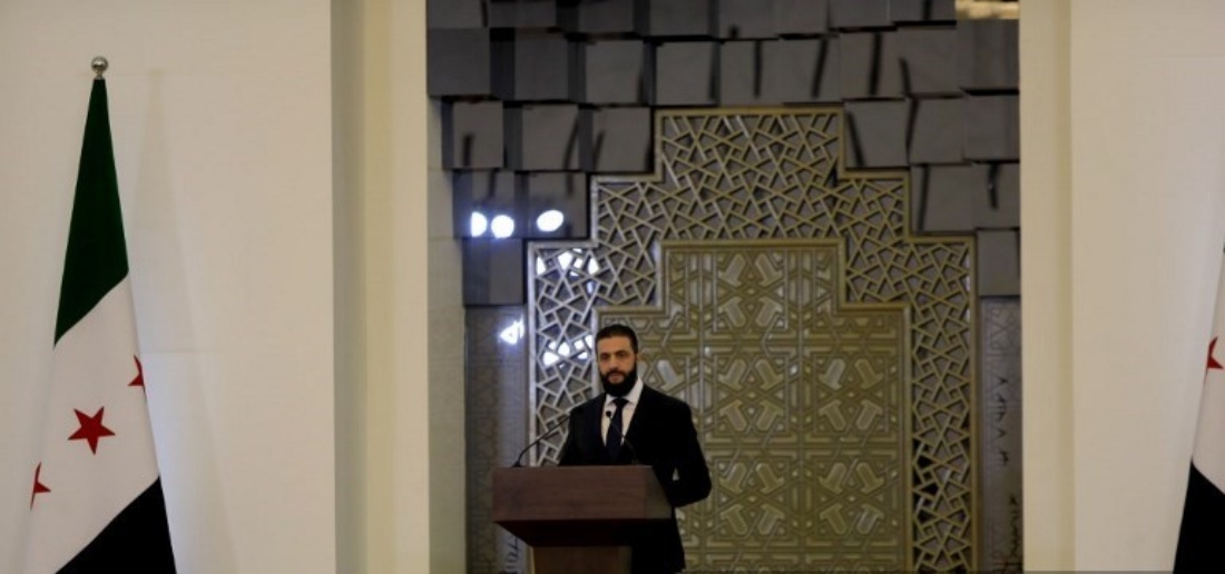Syrian President Ahmad al Sharaa makes a speech at the People's Palace in Damascus, Syria. (AFP)