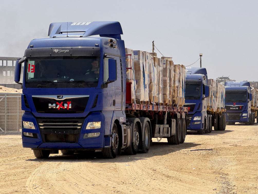 Trucks transport aid as Gaza Humanitarian Foundation said it has commenced operations to begin distribution of aid, in Rafah, in the southern Gaza Strip, May 26, 2025. (Reuters)
