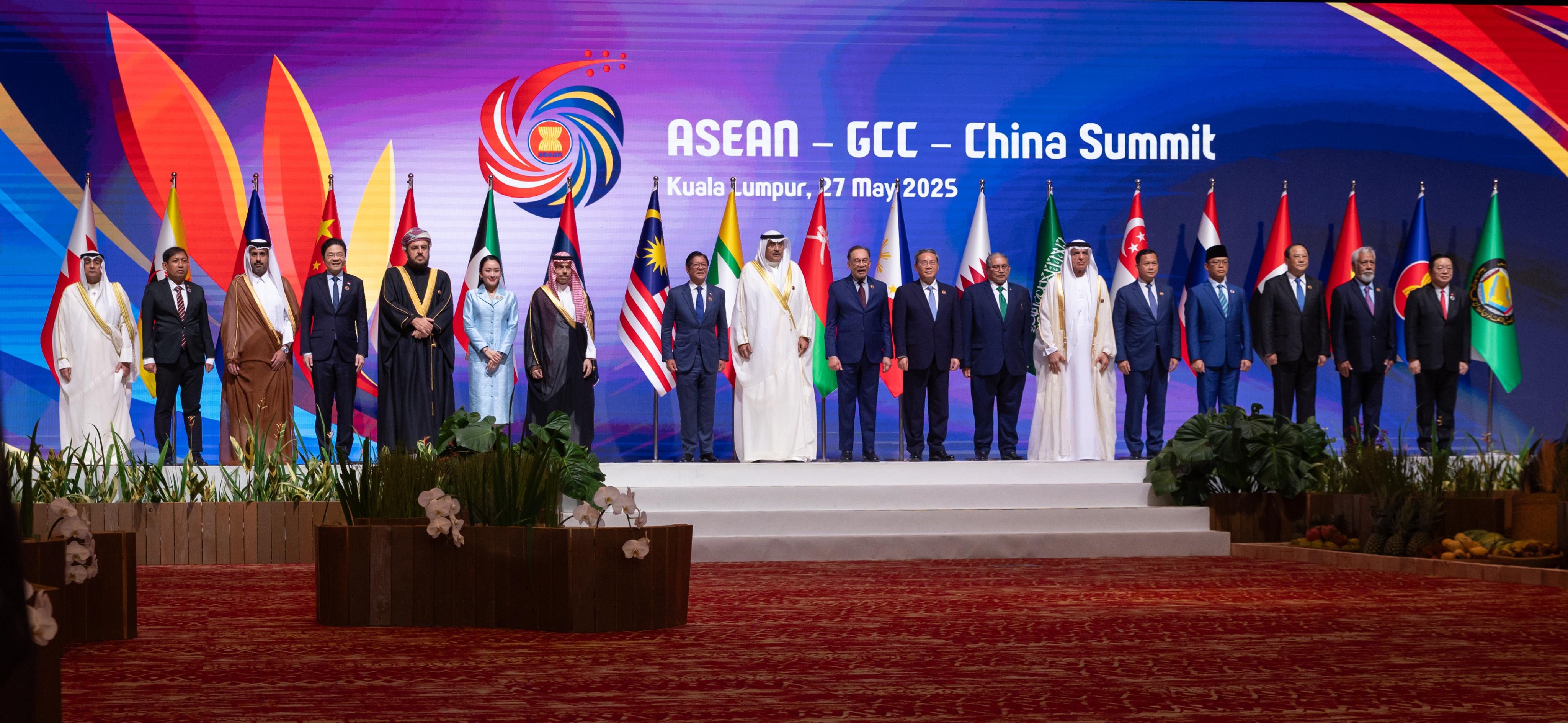 Officials taking part in the ASEAN-GCC-China Trilateral Summit pose for a family photo on Tuesday. (SPA)