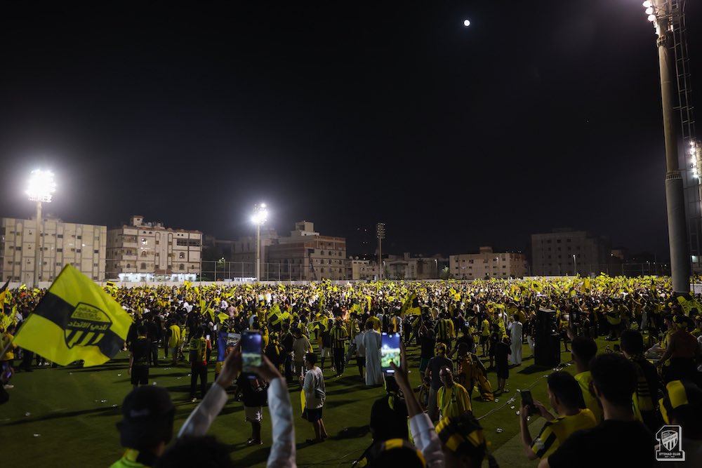 Jeddah turned into a sea of yellow and black on Monday night as thousands of Al-Ittihad fans poured onto the streets to celebrate their team’s triumphant capture of the 2024–2025 Roshn Saudi League title. (Supplied)