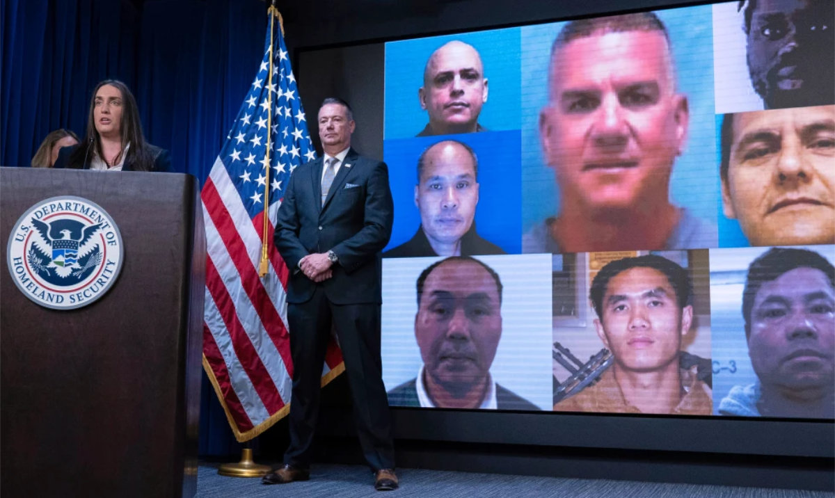Deputy director of US Immigration and Customs Enforcement Madison Sheahan, flanked by Acting director of US Immigration and Customs Enforcement (ICE) Todd Lyons, speaks during a news conference at ICE Headquarters, in Washington, Wednesday, May 21, 2025. (AP)