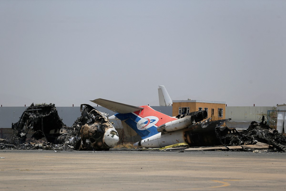 A destroyed plane sits on the tarmac at the Sanaa International Airport on May 7, 2025, a day after Israel's military warplanes struck Yemen's capital Sanaa. (File/AFP)