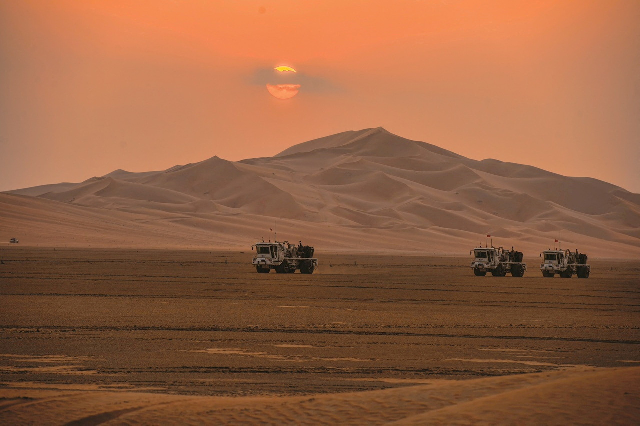 Saudi Aramco’s trucks are seen during exploration in the Empty Quarter, Saudi Arabia. File/Reuters