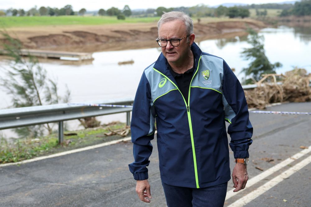Australia’s Prime Minister Anthony Albanese visits a flood affected area, in Wingham, Australia, May 27, 2025. (Reuters)