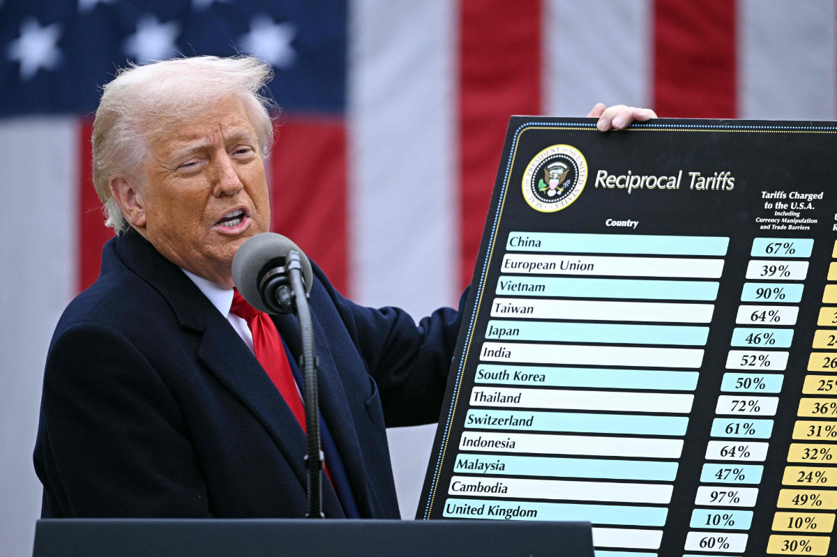 In this photo taken on on April 2, 2025, US President Donald Trump holds a chart as he delivers remarks on reciprocal tariffs at the White House in Washington. On May 28, the Court of International Trade ruled that Trump overstepped his authority. (AFP)