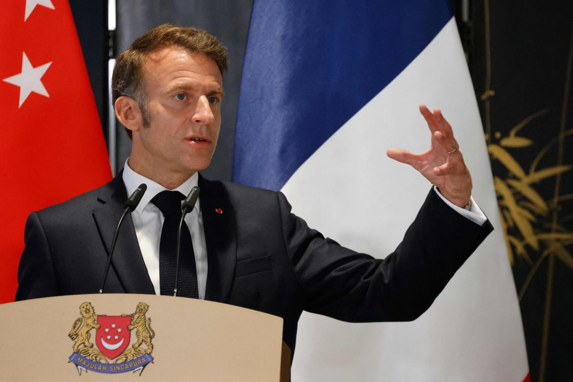 France’s President Emmanuel Macron speaks at a press briefing with Singapore’s Prime Minister Lawrence Wong in Singapore on May 30, 2025. (AFP)