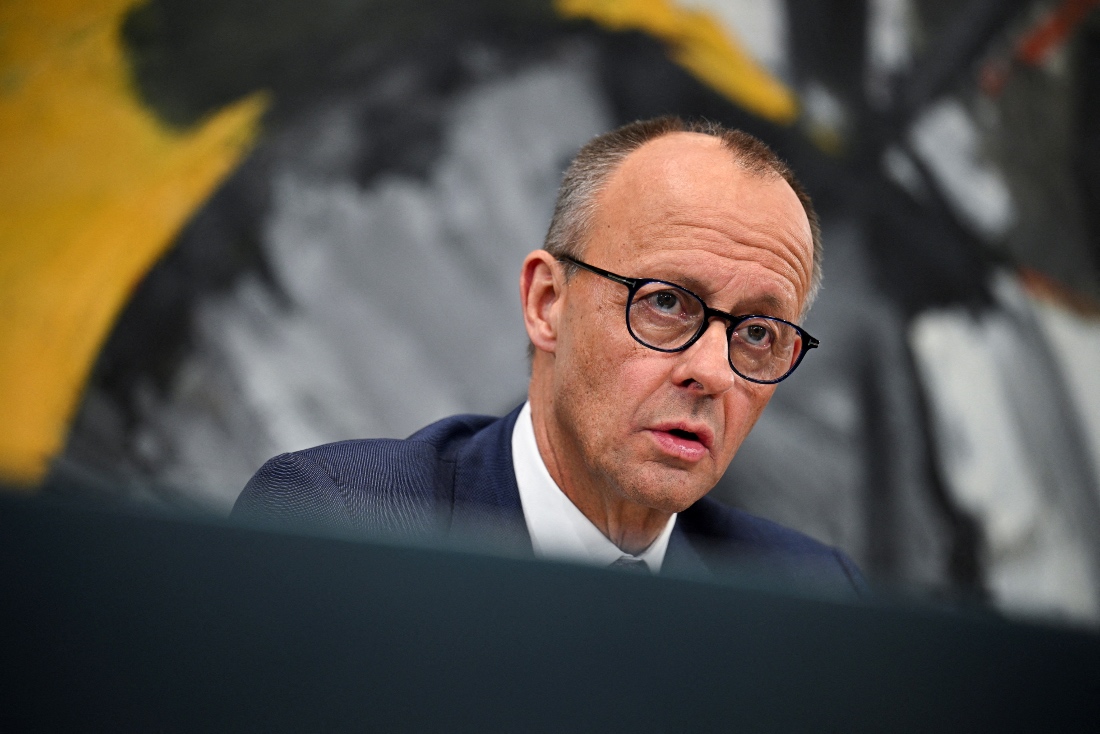 German Chancellor Friedrich Merz at a press conference at the chancellery in Berlin, Germany. (Reuters)