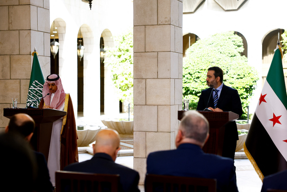 Saudi Foreign Minister Prince Faisal bin Farhan Al Saud and Syrian Foreign Minister Asaad Hassan al-Shibani attend a press conference in Damascus, Syria May 31, 2025. (Reuters)