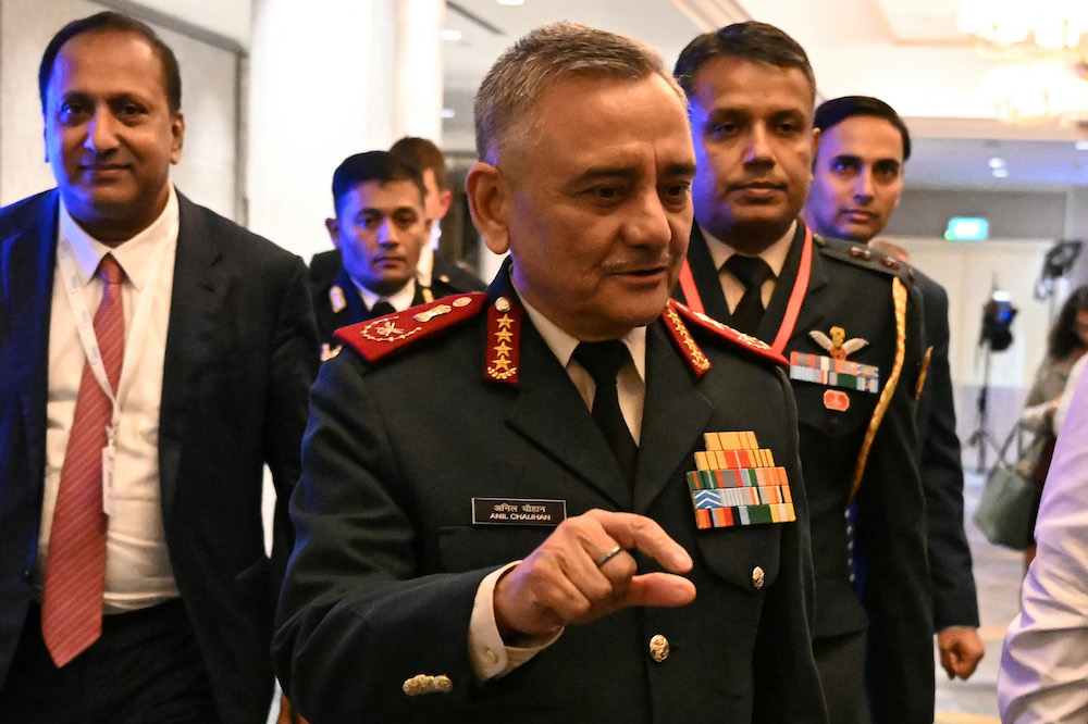 General Anil Chauhan, center, Chief of Defence Staff of Indian Armed Forces attends the Shangri-La Dialogue Summit in Singapore on May 31, 2025. (AFP)