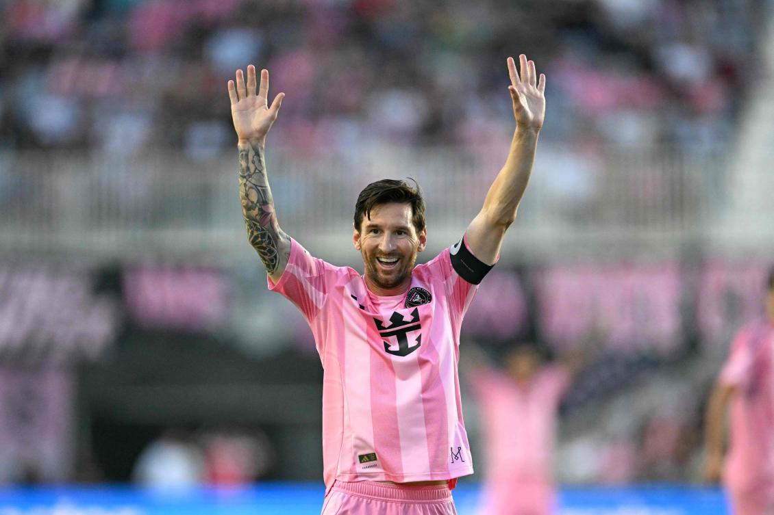 Inter Miami’s ALionel Messi celebrates scoring his team’s second goal during the Major League Soccer match between Inter Miami CF and Columbus Crew at Chase Stadium in Fort Lauderdale, Florida, on May 31, 2025. (AFP)