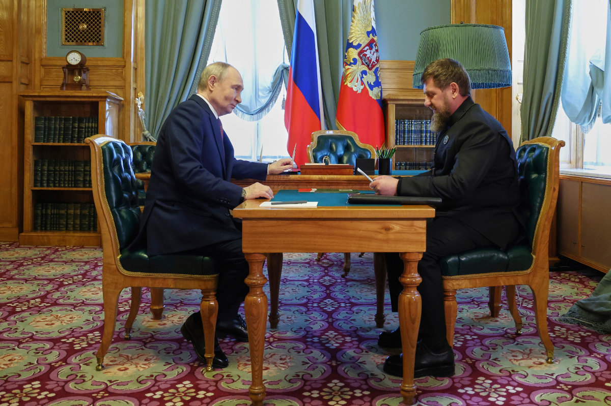 President Putin, left, meeting with Ramzan Kadyrov in Moscow on May 7, 2025. (Sputnik, Kremlin Pool Photo via AP)