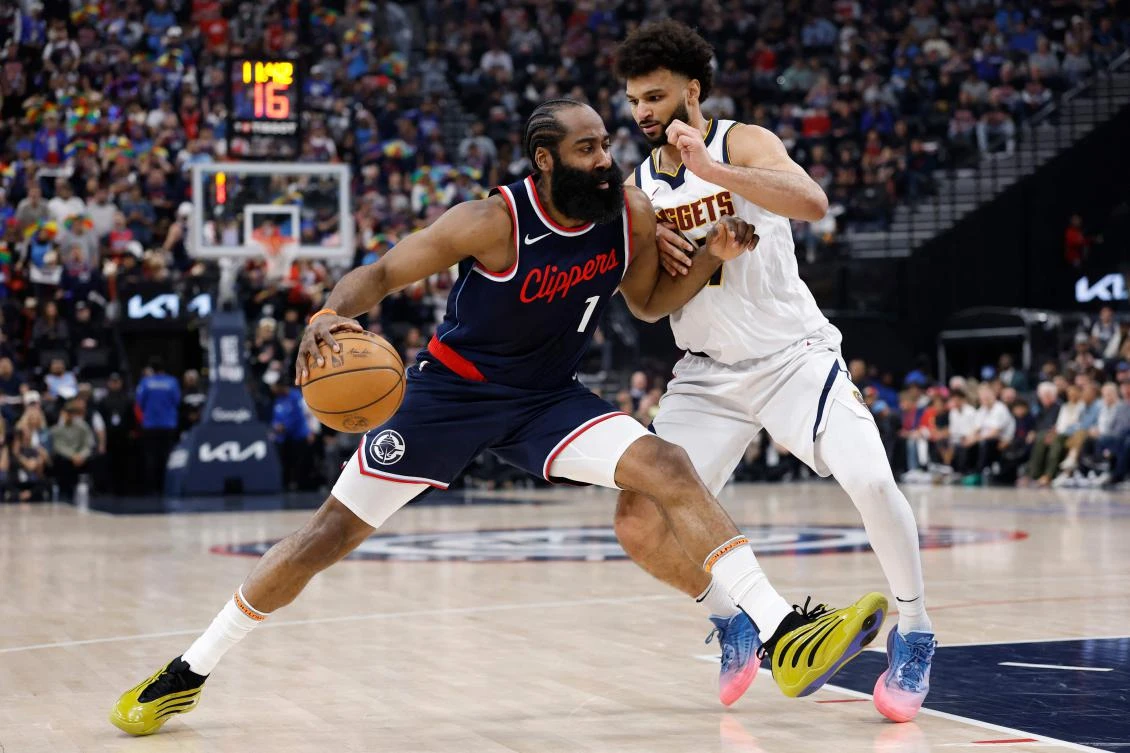 James Harden of the LA Clippers drives the ball against Jamal Murray of the Denver Nuggets during Game Six of the Western Conference First Round NBA Playoffs on May 01, 2025 in Inglewood, California. (Getty Images via AFP)