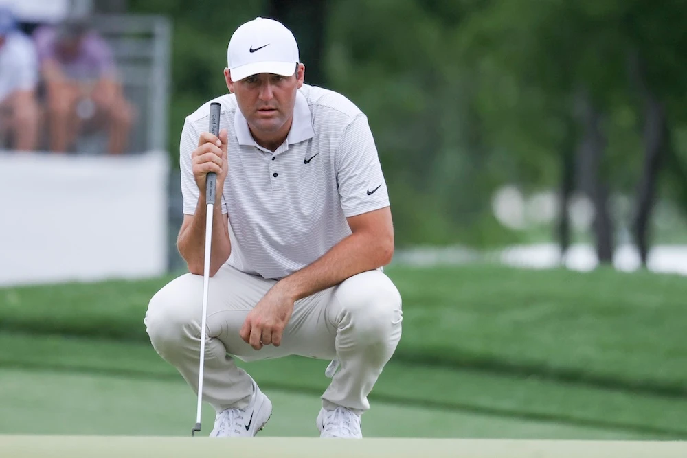Scottie Scheffler works the 16th green during the first round of the CJ Cup Byron Nelson golf tournament in McKinney, Texas, Thursday. (AP)