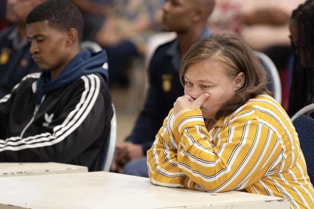 Kelly Smith (R), the mother of missing child Joshlin Smith, reacts after being found guilty of charges of human trafficking and kidnapping. (File/AFP)
