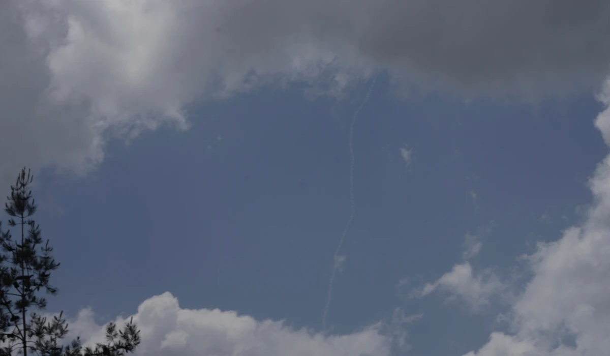 Contrails from the Israeli Iron Dome air defense system fires to intercept projectiles that were launched from Yemen, seen from Highway 1 between Tel Aviv, Israel and Jerusalem, Friday, May 2, 2025. (AP)