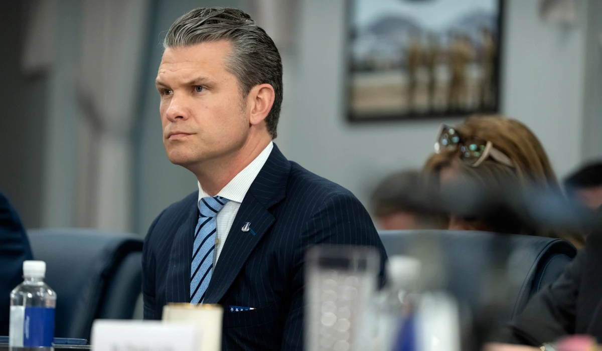 Secretary of Defense Pete Hegseth listens during a meeting with Peru's Foreign Affairs Minister Elmer Schialer and Peru's Minister of Defense Walter Astudillo at the Pentagon, Monday, May 5, 2025, in Washington. (AP)