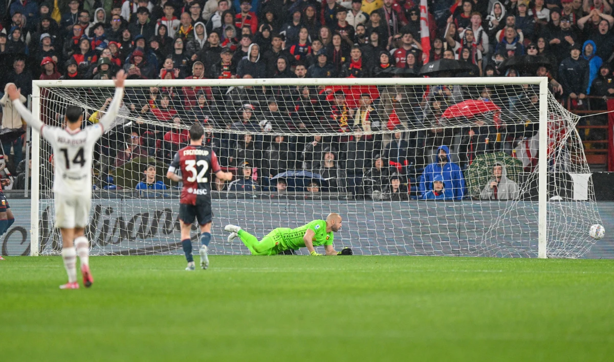 AC Milan’s Rafael Leao scores a goal during the Italian Serie A soccer match between Genoa and Milan at the Luigi Ferraris Stadium in Genoa, Italy, Monday. (AP)