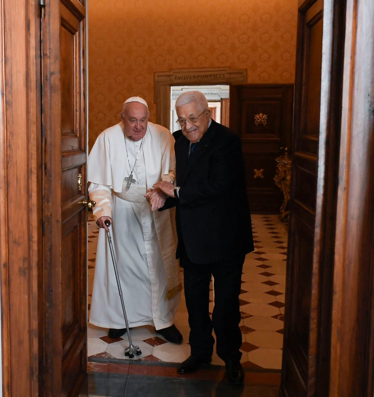 This photo taken and handout on December 12, 2024 by The Vatican Media shows Pope Francis during his private audience with Palestinian President Mahmud Abbas in The Vatican. (AFP)