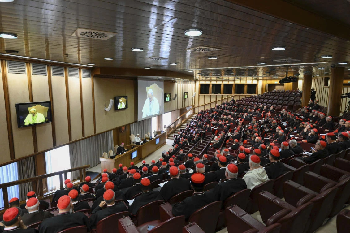Pope Leo XIV meets the College of Cardinals in the New Synod Hall at the Vatican, May 10, 2025. (AP)