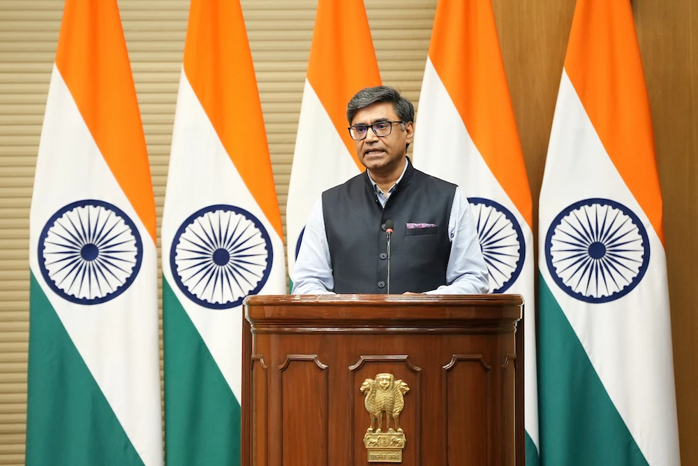 India’s Foreign Secretary Vikram Misri addresses the media at a press briefing in New Delhi, India, Saturday, May 10, 2025. (AP)