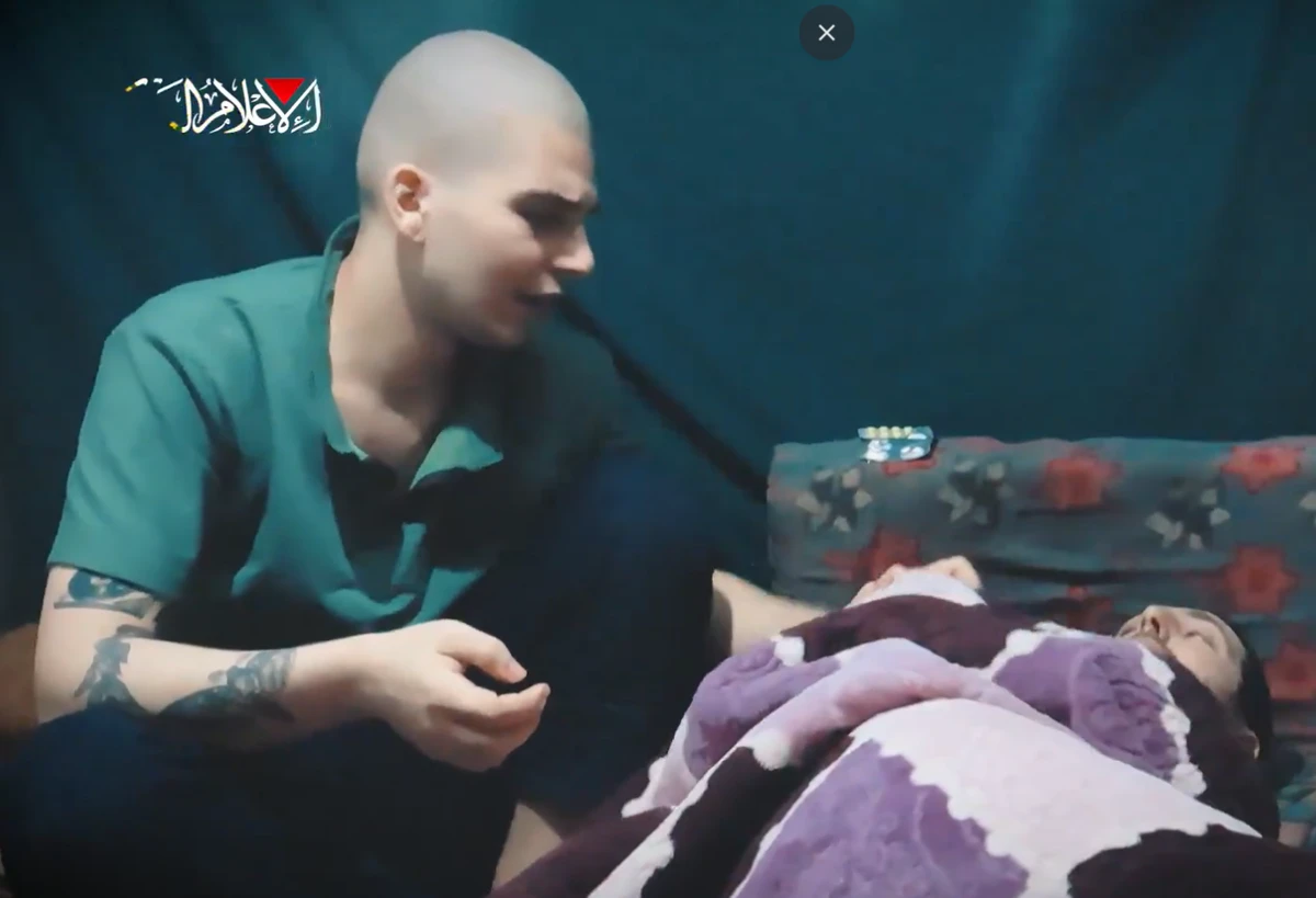 A screengrab taken from a three-minute video released by Hamas showing two Israeli hostages alive in the Gaza Strip, with one of the two men calling to end the 19-month-long war. (X/@clashreport)