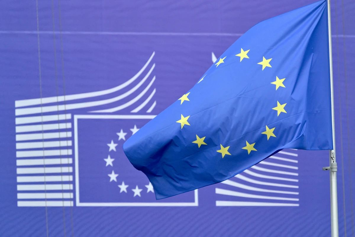 This photograph shows a European flag flying outside the EU headquarters in Brussels, May 6, 2025. (AFP)