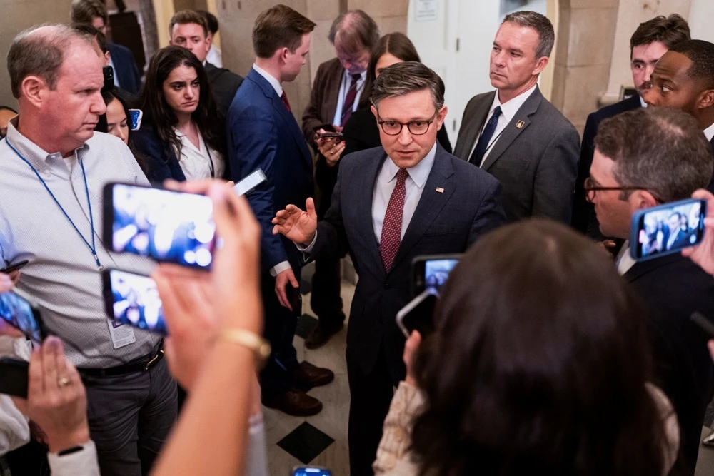 US House Speaker Mike Johnson speaks with members of the media. (Reuters)
