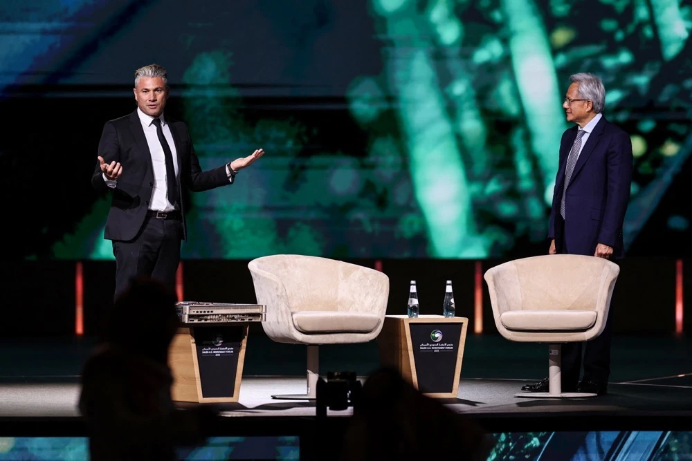 Tareq Amin, CEO of Humain, and Jensen Huang, CEO of NVIDIA, attend the Saudi-U.S. Investment Forum, in Riyadh, Saudi Arabia May 13, 2025. (Reuters)