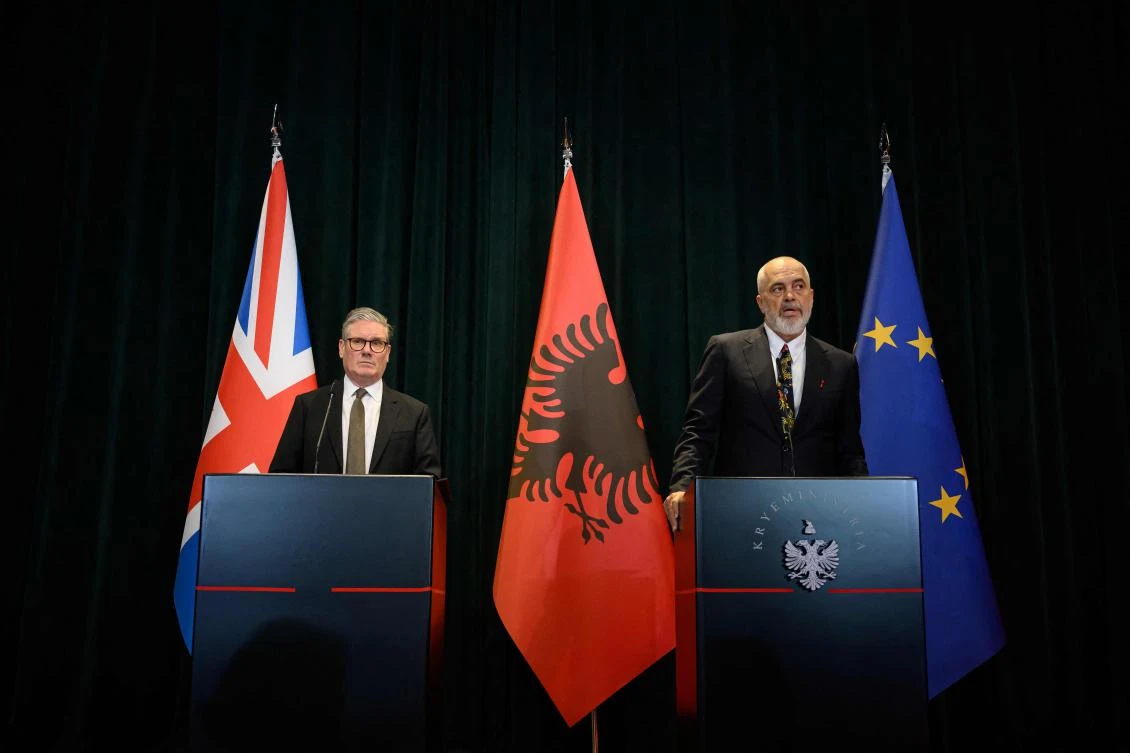Britain’s Prime Minister Keir Starmer looks on as he addresses media representaives during a joint press conference with Albania’s Prime Minister Edi Rama at The Kryeministria in Tirana on May 15, 2025. (AFP)