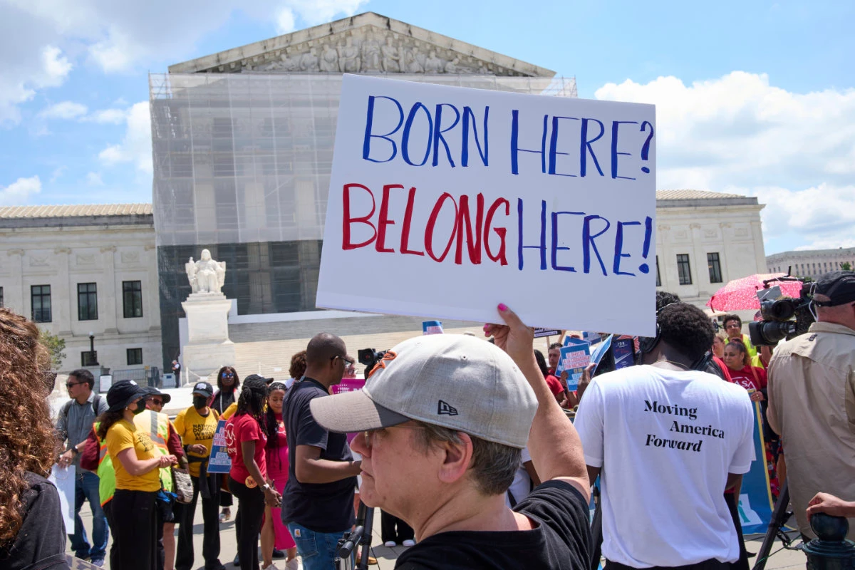 People protest in support of birthright citizenship and the immigrant community on May 15, 2025, outside of the Supreme Court in Washington. (AP Photo)