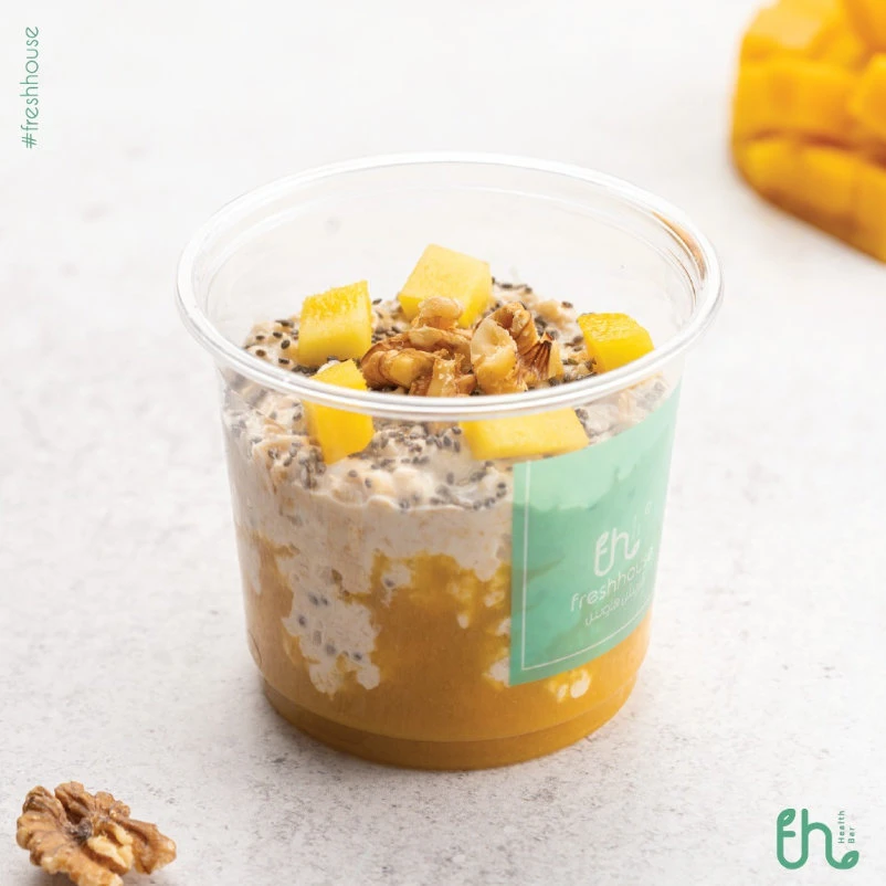 Mango Overnight Oats at FreshHouse. (@freshhouse.ksa on Instagram)