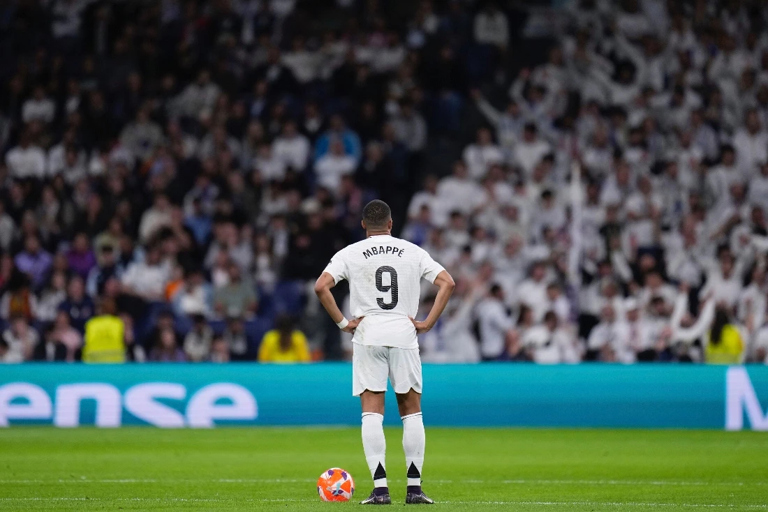 Real Madrid's Kylian Mbappe waiting to kick off during a Spanish La Liga soccer match Madrid, Spain. (AP)