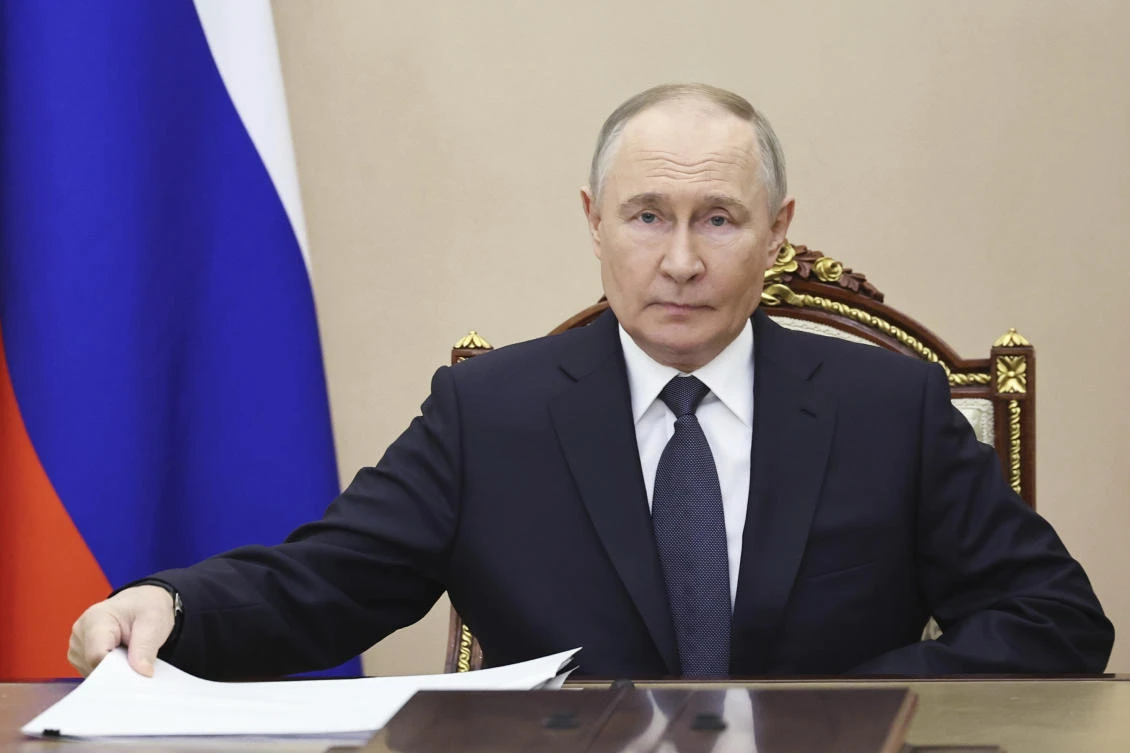 Russian President Vladimir Putin attends a meeting on forthcoming Russia-Ukraine talks in Istanbul, in Moscow, May 14, 2025. (AP)