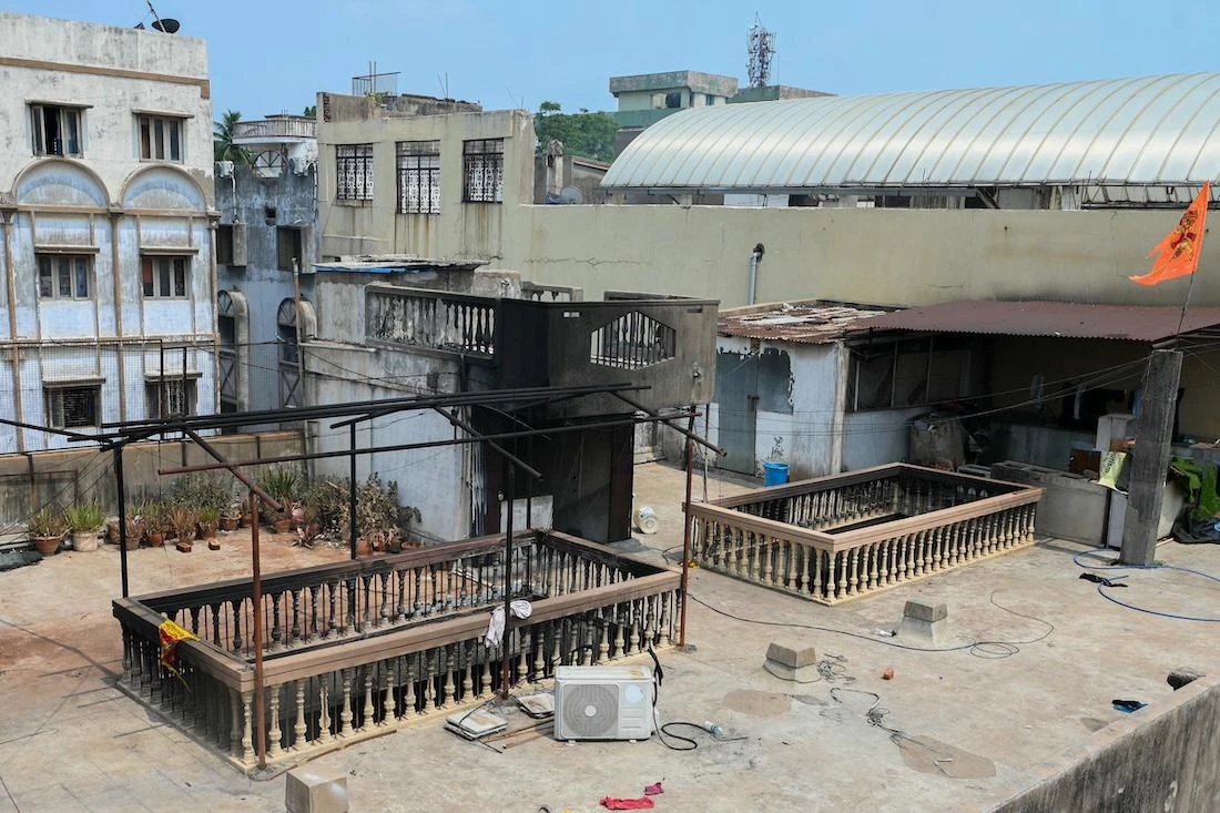 The upper side of the Krishna Pearls building, which caught fire, is pictured in Hyderabad on May 18, 2025. (File/AFP)