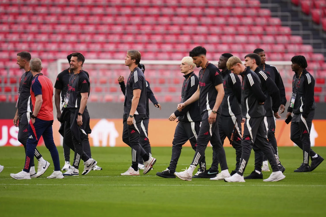 Manchester United players visit the pitch ahead of their Europa League final match against Tottenham Hotspur at the San Mames Stadium in Bilbao, Spain, May 20, 2025. (AP)
