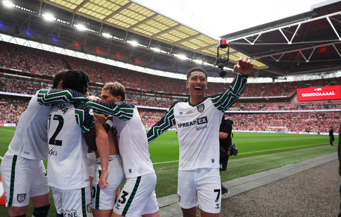 Sunderland’s Jobe Bellingham celebrates after Tom Watson scores their second goal during their Championship — Play-Off Final — against Sheffield United, at Wembley Stadium, May 24, 2025. (Reuters)